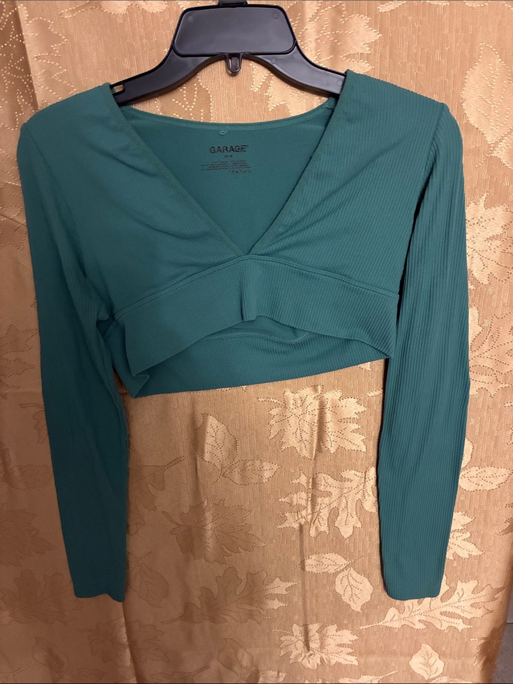 Garage Teal Ribbed Long-Sleeve Cropped V-Neck Top